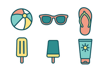 Collection of essential summer vacation items featuring beach ball sunglasses flip flops popsicles and sunscreen