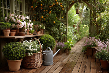 Fototapeta premium Rustic greenhouse or covered patio, featuring a wooden workbench laden with potted pink roses and other plants.