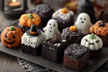 Halloween desserts including ghost figures, jack-o'-lanterns, and dark chocolate cakes decorated with witch hats and cookies.