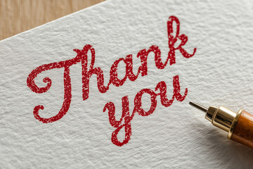 Words "Thank you" written in textured, red script lettering on heavy, fibrous white paper, with the tip of a drafting pen.