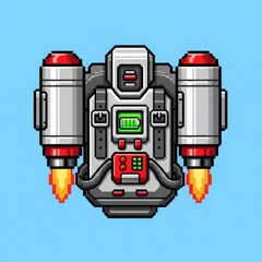 Fototapeta premium 白いピクセルアートロケットパック赤いアクセント水色背景