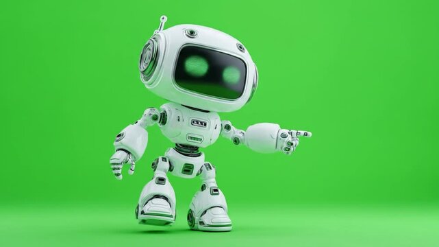 A playful white robot with green eyes gestures on a vibrant green background, showcasing futuristic design
