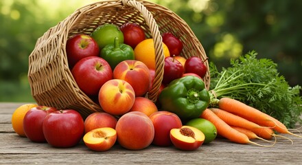 A wicker basket overflowing with a vibrant assortment of fresh fruits and vegetables on a rustic wooden table outdoors.