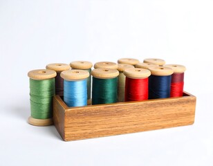 Wooden box of colorful sewing thread spools