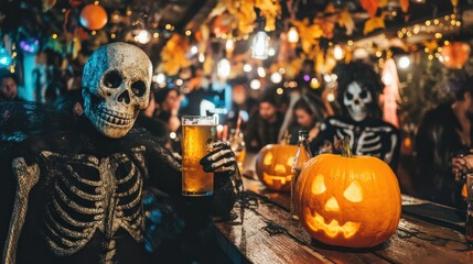 A festive scene featuring skeletons celebrating Halloween with beer and carved pumpkins, illuminated by warm lights in a cozy setting.
