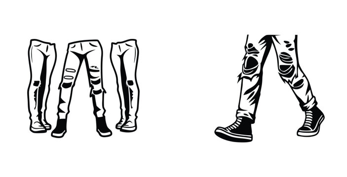 Minimalist line art fashion sketch of a Wripped jeans black silhouette style vector art design
