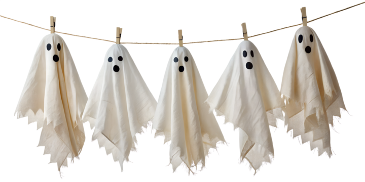 Spooky ghost costumes on clothesline for halloween decoration