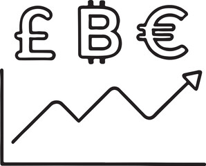 Stylized illustration of a growing financial chart with bitcoin pound sterling and euro currency symbols above
