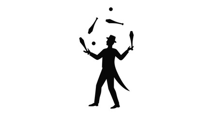 A juggler in action throwing clubs a striking black silhouette