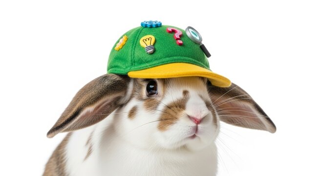 rabbit wearing a thinking cap, creative thinking, idea generating, on a solid white background