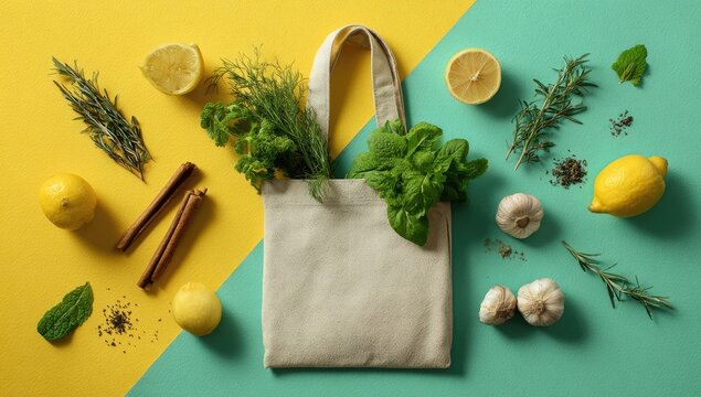 Beige canvas tote bag filled with fresh herbs and citrus fruits, spices, and garlic on a yellow and teal background