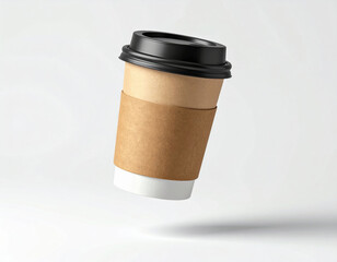 Floating coffee cup disposable paper cup kraft sleeve black lid minimal design clean background takeaway drink modern style mockup isolated object blend elegance and utility, inviting cozy