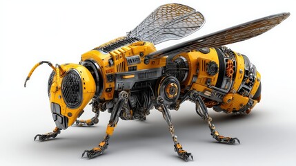 A futuristic robotic bee with intricate mechanical parts, showcasing a blend of nature and technology in vibrant yellow and metallic tones.
