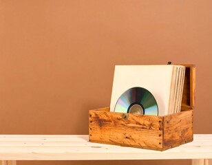 Wooden box with CDs on a light-colored wooden shelf against a tan wall