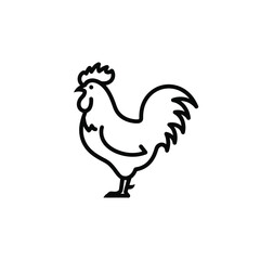 Stylized black line art silhouette of a proud rooster standing isolated on white background