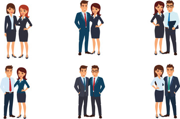 Business collaboration character illustration&mdash;male and female pairs, documents and coffee, professional attire&mdash;vector people sketch, workplace teamwork, office interaction