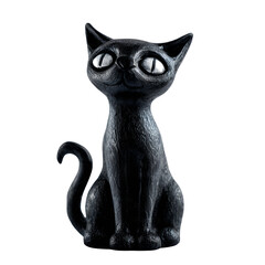 Shiny Black Cat Figurine with Silver Eyes on Transparent Background