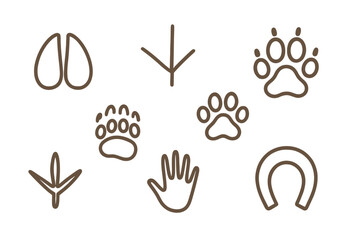 Fototapeta premium Variety of animal paw prints, bird tracks, hoof prints, and human handprint outlines in a simple line art style