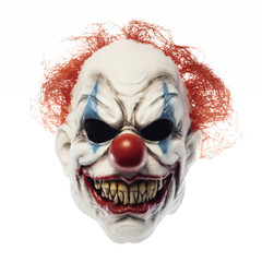 Sinister Clown Mask with White Face Red Nose and Orange Hair on Transparent Background