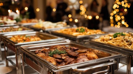 Obraz premium A beautifully arranged buffet featuring various dishes, showcasing a warm ambiance with twinkling lights in the background.