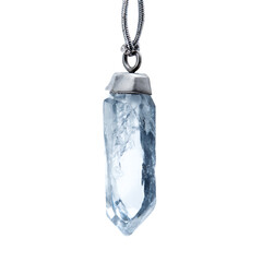 Macro Shot of Hanging Clear Quartz Crystal Point Pendant on Transparent Background
