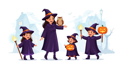 Spooky Spellbound Squad: A charming illustration captures a witchy family embracing Halloween fun, complete with pointed hats, enchanting accessories, and a touch of spooky delight.