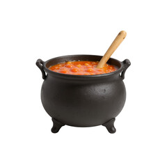 Cast Iron Cauldron Filled with Vibrant Orange Stew on Transparent Background