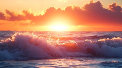 A stunning summer sunset over the ocean, showcasing vibrant warm tones as waves crash against the shore in a photo-realistic scene.