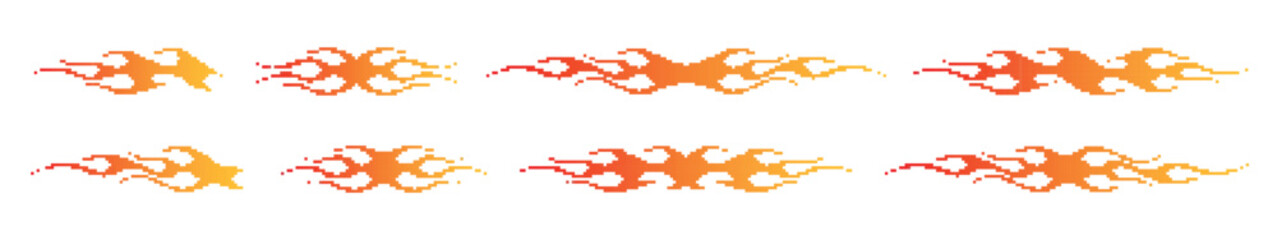 Fire flames pixel collection. Tribal hot rod car decal set. Pixel art.