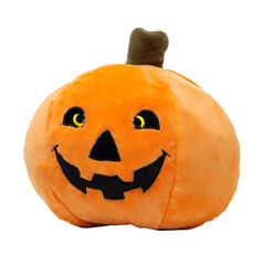 Festive Orange Plush Pumpkin Decoration with Smiling Face on Transparent Background