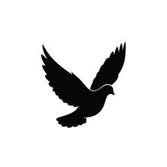 A black silhouette of a dove in flight isolated on white background silhouette
