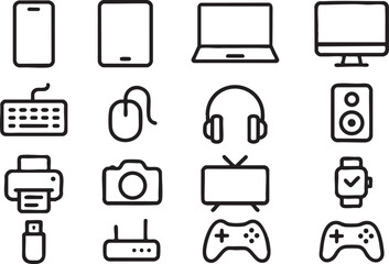 Icon sheet with 15 unique minimal line icons, evenly spaced on white background, bold deep black outlines, no color, no shading, no gradient, clean consistent style, each icon different.