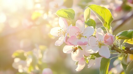 Obraz premium Vibrant spring orchard adorned with apple blossoms and busy bees pollinating under bright sunlight, captured in ultra HD detail.