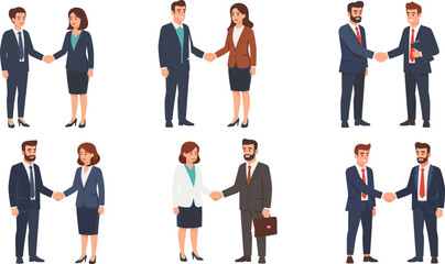 Handshake character illustration—business attire, male and female pairs, professional interaction—vector people sketch, workplace diversity, social communication, corporate gesture
