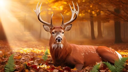Autumn-inspired wildlife portrait – red deer stag framed by colorful leaves, glowing warm light, and elegant antler structure, capturing the majesty of fall.