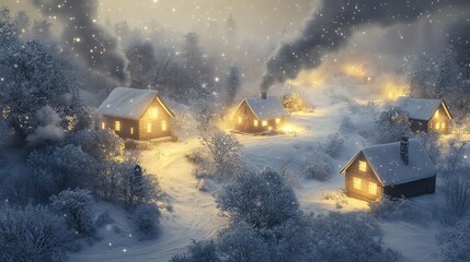 A breathtaking snow-covered winter village featuring charming cottages with glowing windows and wisps of smoke rising from chimneys.