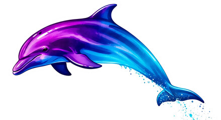 Illustration of dolphin jumping out of water with vibrant purple and blue colors, isolated on transparent background © Rs Rohit