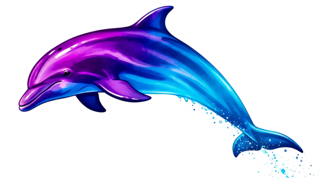 Illustration of dolphin jumping out of water with vibrant purple and blue colors, isolated on transparent background - Powered by Adobe