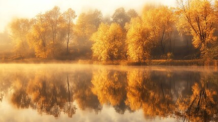 Fototapeta premium A serene autumn morning where mist blankets the trees reflected in a calm lake, showcasing stunning golden hues in photorealistic detail.