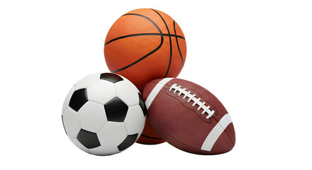 Assorted sports balls including a basketball soccer ball and football arranged together on a black backdrop for sports equipment advertising and promotion