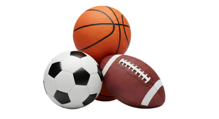 Assorted sports balls including a basketball soccer ball and football arranged together on a black backdrop for sports equipment advertising and promotion
