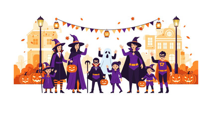 Halloween Gathering: A vibrant illustration capturing a gathering of people in playful Halloween costumes, radiating festive spirit and creating a joyful atmosphere.