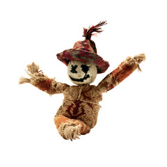 Whimsical Scarecrow Figurine with Embroidered Hat and Arms Raised on Transparent Background