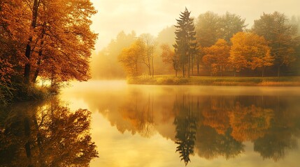 Fototapeta premium Serene autumn misty morning with trees reflecting in a calm lake, showcasing beautiful golden tones in a photo realistic detail.