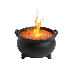 Witches Brew Cauldron with Orange Potion and Flickering Flame on Transparent Background