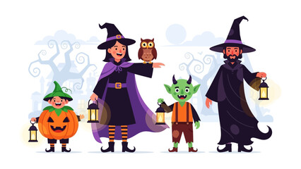 Halloween Gathering: A colorful illustration depicts a gathering of Halloween figures against a backdrop of eerie trees and glowing lanterns.