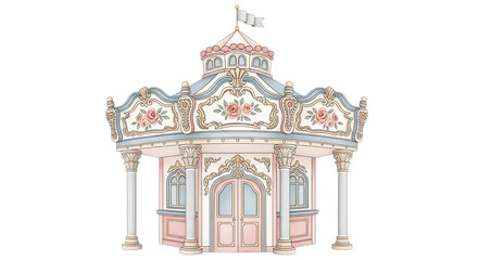 Illustration of elegant and ornate carousel pavilion with floral decorations and a flag on top, isolated on transparent background