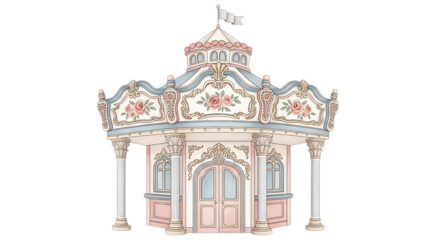 Illustration of elegant and ornate carousel pavilion with floral decorations and a flag on top, isolated on transparent background