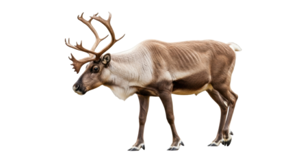 Isolated reindeer standing looking left, beautiful forest animal with antlers on head