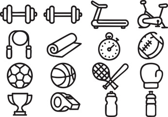 Icon sheet with 15 unique minimal line icons, evenly spaced on white background, bold deep black outlines, no color, no shading, no gradient, clean consistent style, each icon different.